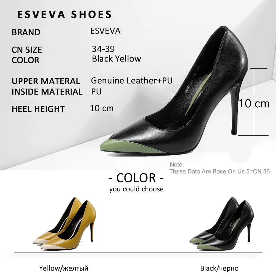 

ESVEVA 2019 Women Pumps Patchwork Cow Leather PU Wedding Shoes Sandals Slip on Thin High Heels Pointed Toe Shoes Women 34-39
