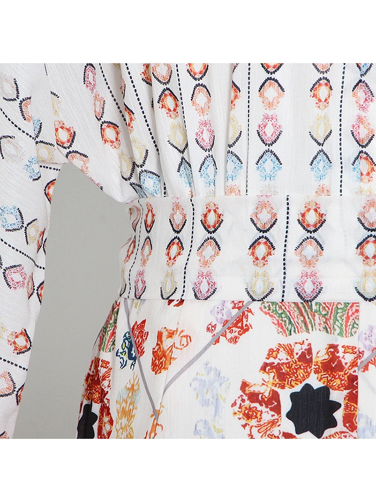 

Lace-up V-neck Retro Geometric Print Pattern Lace-up Waist Lantern Sleeve Loose Big Pendant Dress Ladies Autumn New Breathable