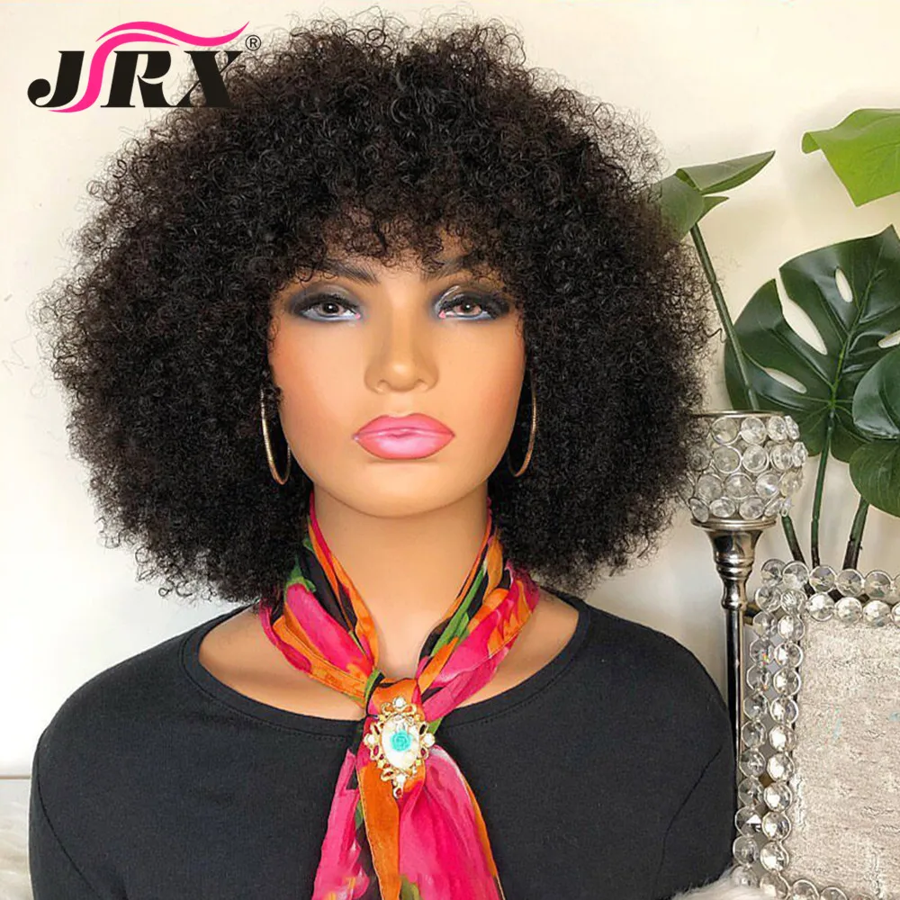 Afro Kinky Curly Wigs Human Hair for Women Glueless Full Machine Made Human Hair Wigs with Bangs Brazilian Remy Fringe Wig 180%