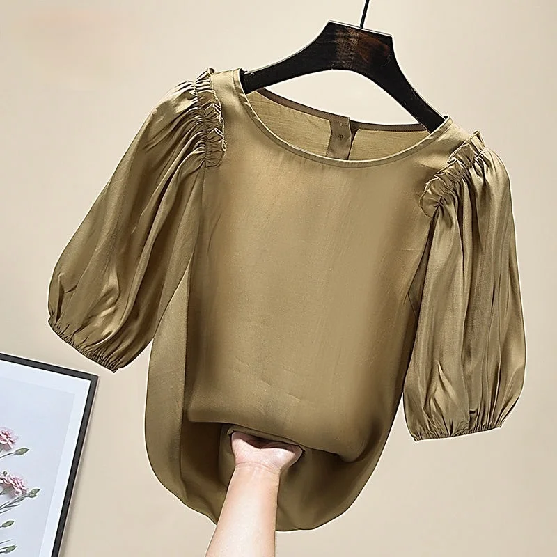 

Solid Ruffle Puff Sleeved Women T-Shirts Summer Vintage 2021 O-Neck Slim Elegant Office Lady Pulls Outwear Tops