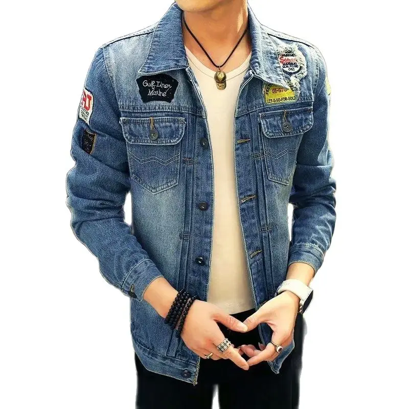 

Весна-Зима 2021, модная мужская джинсовая куртка, Корейская Молодежная Студенческая однобортная одежда с вышивкой, куртки-бомберы, пальто