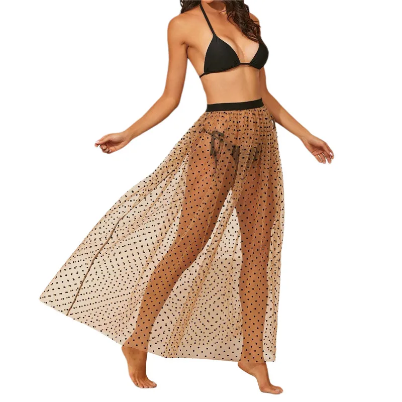 

Summer Womens Beach Vacation Sexy Club Cover Up Skirts Elastic Waist Sheer Mesh See-Through Polka Dots Print Skirt Hot