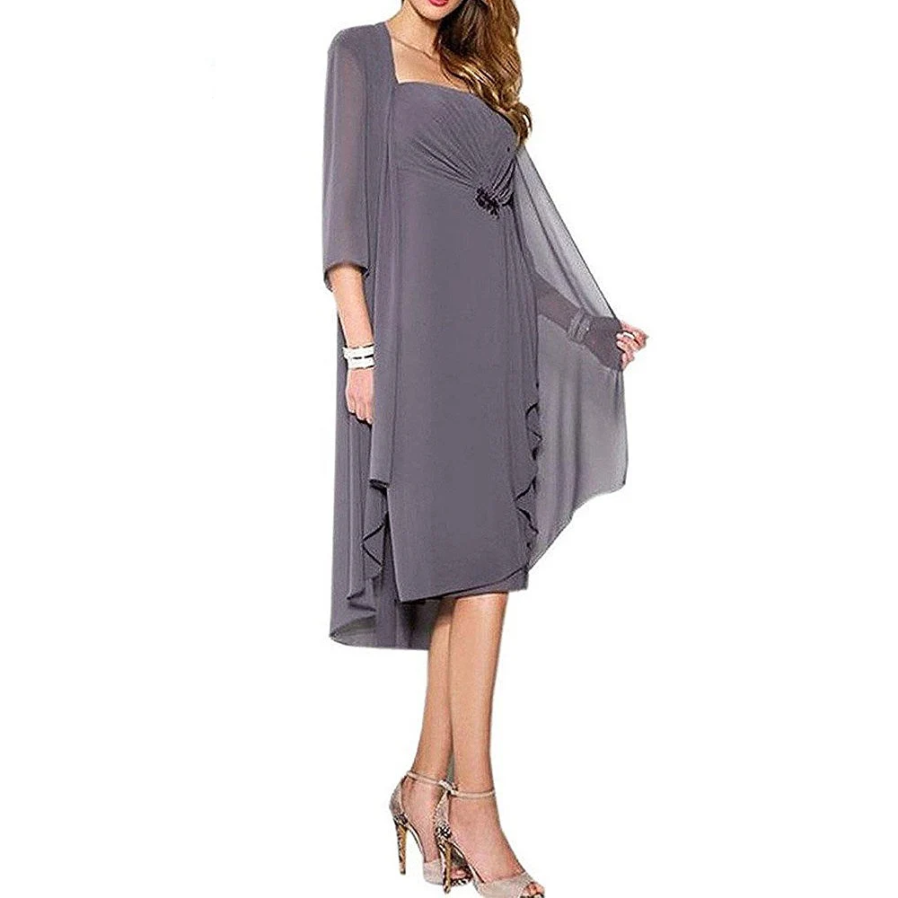 Шифоновое до колена для мамы невесты платья с курткой Короткие вечерние