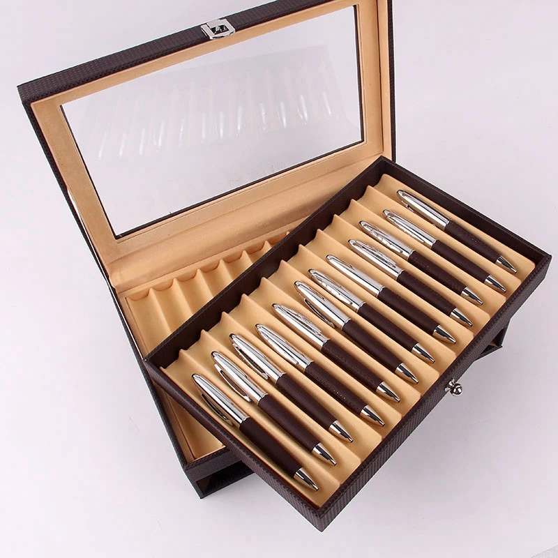 

24 Slots Wooden Fountain Pen Display Case, Luxury Topped PU Leather Pen Display Case Jewelry Organizer