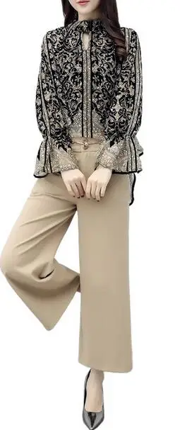 Стильный женский комплект 2 шт. с принтом широкие брюки костюм Conjunto Feminino Pantalon Taille