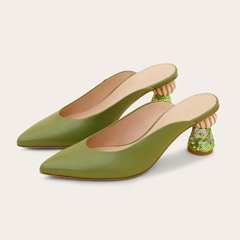Bling Sequin Heels Ins Hot Women Slides Shallow Mouth Orange Pink Green Solid Color Strange Heel Genuine Leather Chic Slipper | Обувь