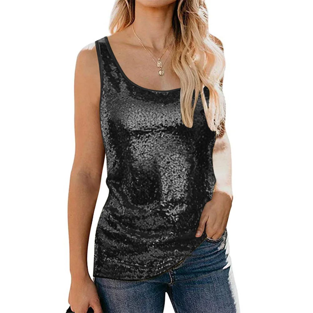 Летние блузки рубашки для женщин без рукавов с блестками женские топы на