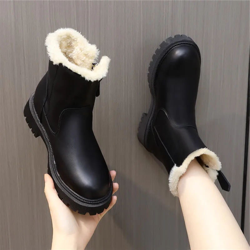

Зимние сапоги для женщин, зимняя обувь, сапоги на молнии, женские плюшевые сапоги, женская обувь на платформе, на плоской подошве, с круглым н...