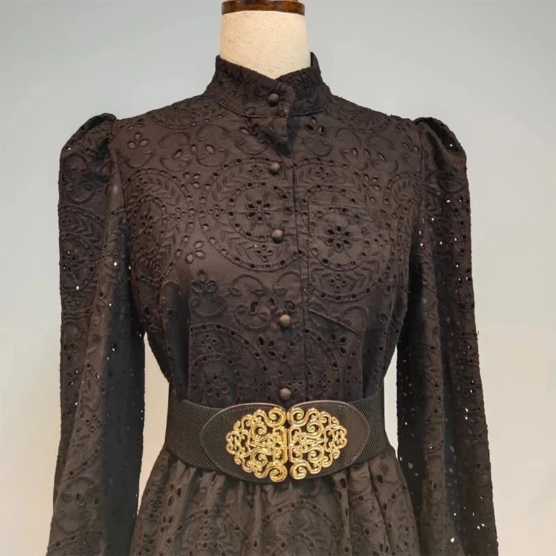 

women's winter Big brand cotton and linen embroidery hollow elegant long dress 2021New women's fashion party pleated tutu skirt