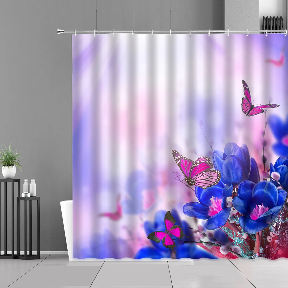 

Flower Plant Butterfly Spring Scenery Shower Curtains Natural Landscape Purple Floral Bathroom Curtain Home Decor Bath Screen