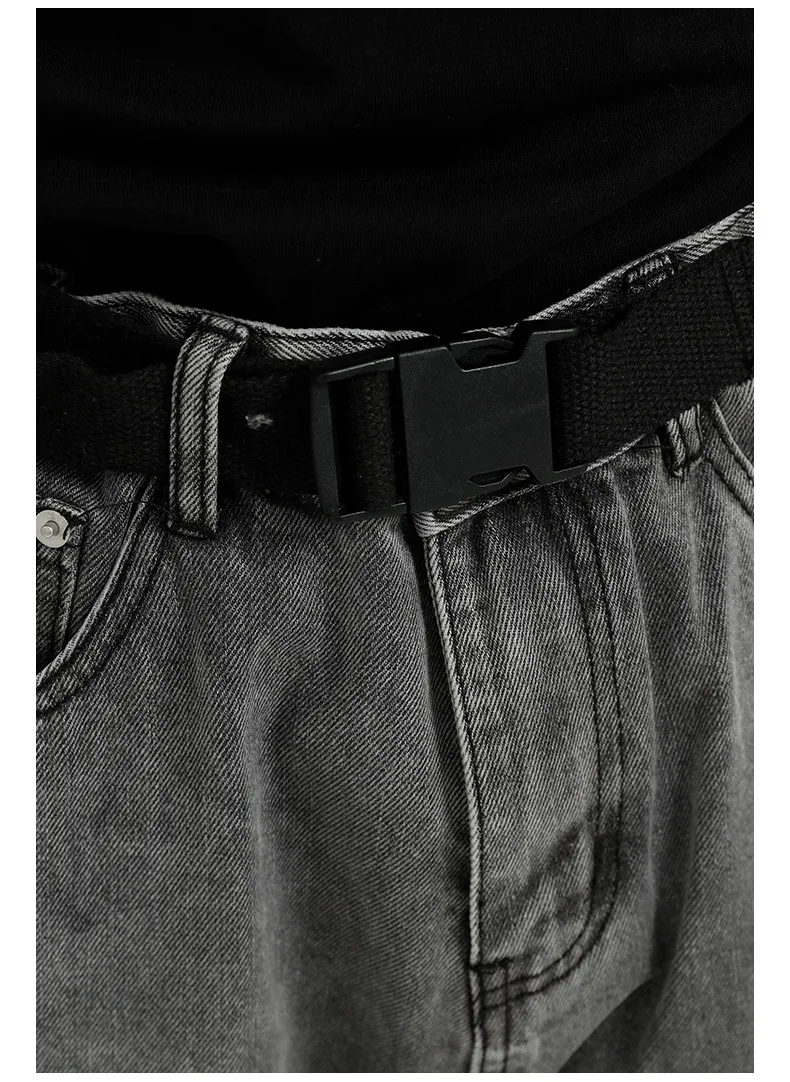 

IEFB 2021 New Loose Straight Wide Leg Pants With Belt Black Grey Jeans For Men Causal Loose Vintage Streetwear Denim Trousers