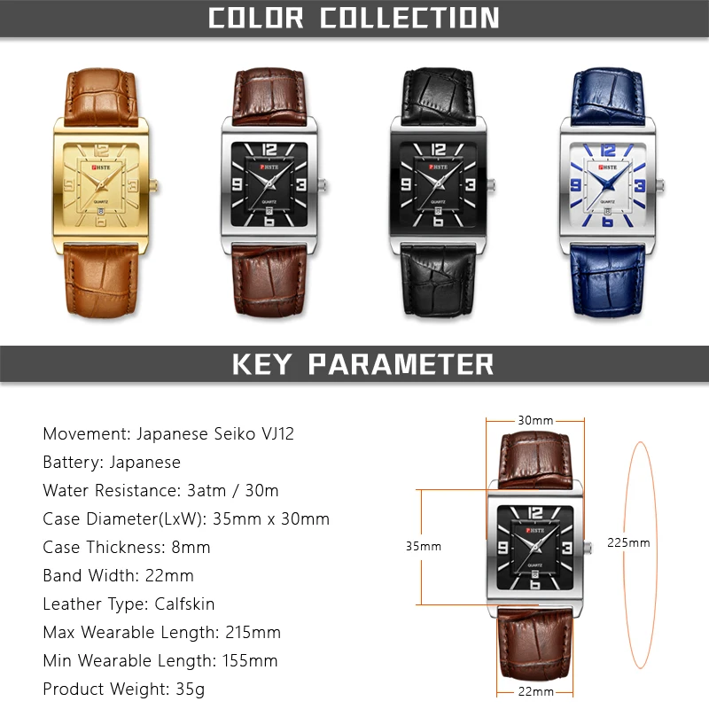 

PHSTE Brand Men Watches Square Quartz Analog Japan Movement Date Genuine Brown Leather Watch for Men Waterproof Male Wrist Watch