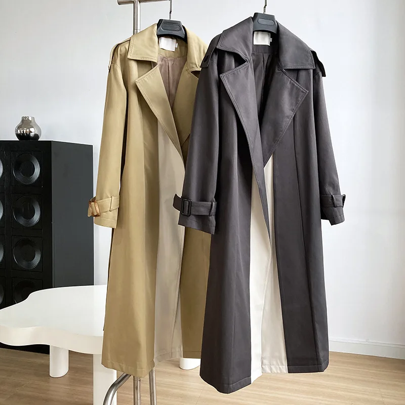 

2021 New Fashion Elegant Women Long Trench Coat With Belt Casual Loose Patchwork Women Coat Trench Femme Overcoat Casaco Abrigo