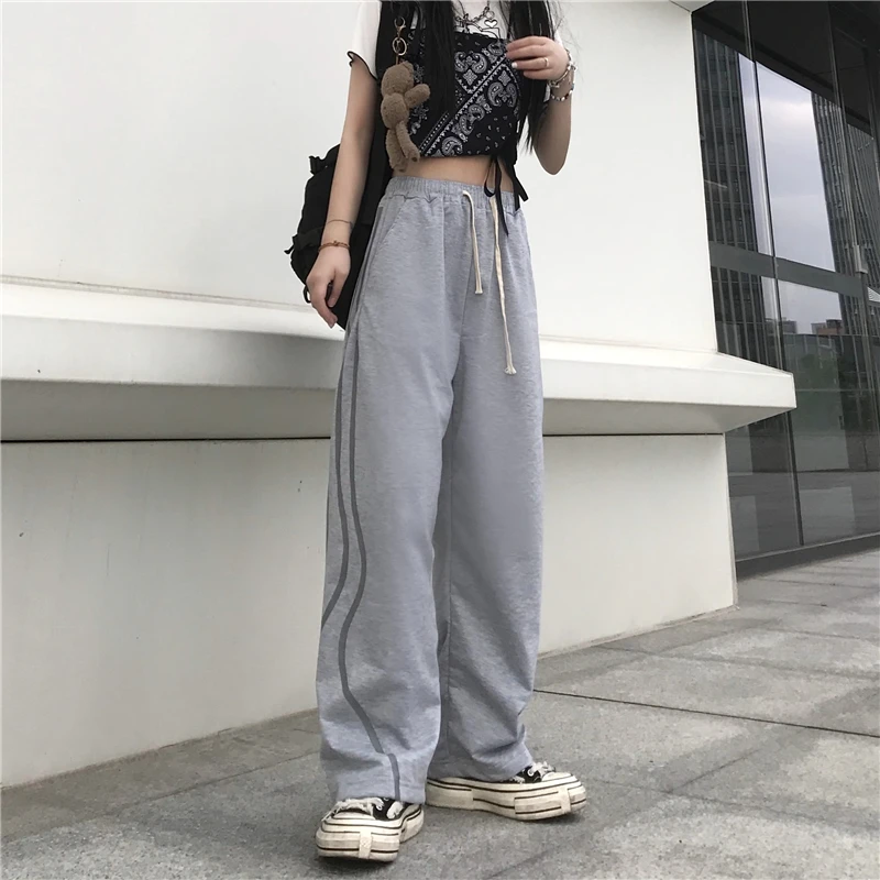 

Women's Sports Pants 2021 New Straight Elastic High Waist Streetwear Wide Pants Baggy Stripe Fashion Casual Mom Wide Leg Trouser