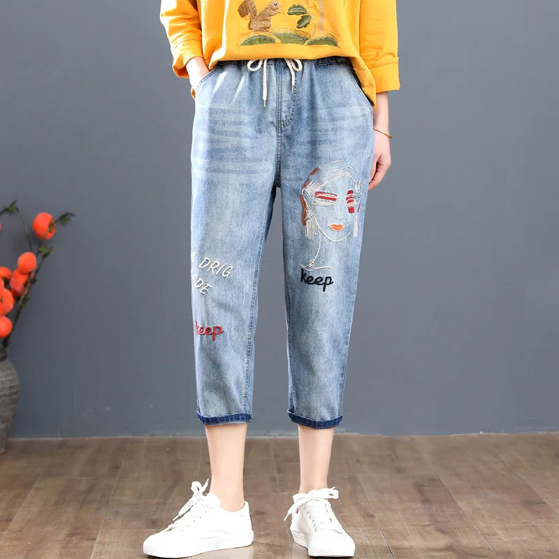 

Women Fashion Korea Style Vintage Hole Girl Embroidery Calf-length Denim Jeans Female Casual Loose Harem Pants jean femme