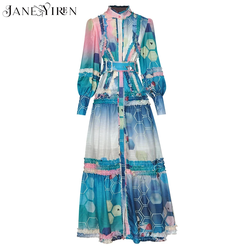 

Janeyiren Fashion Designer Autumn Dress Women's Lantern sleeve Single-breasted Sashes Multicolor Printed Vacation Long Dress