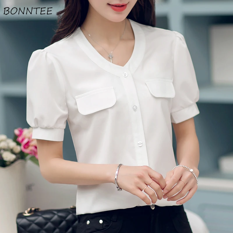 

Рубашки женские шифоновые с коротким рукавом, однотонная простая повседневная одежда в Корейском стиле с V-образным вырезом, универсальная ...