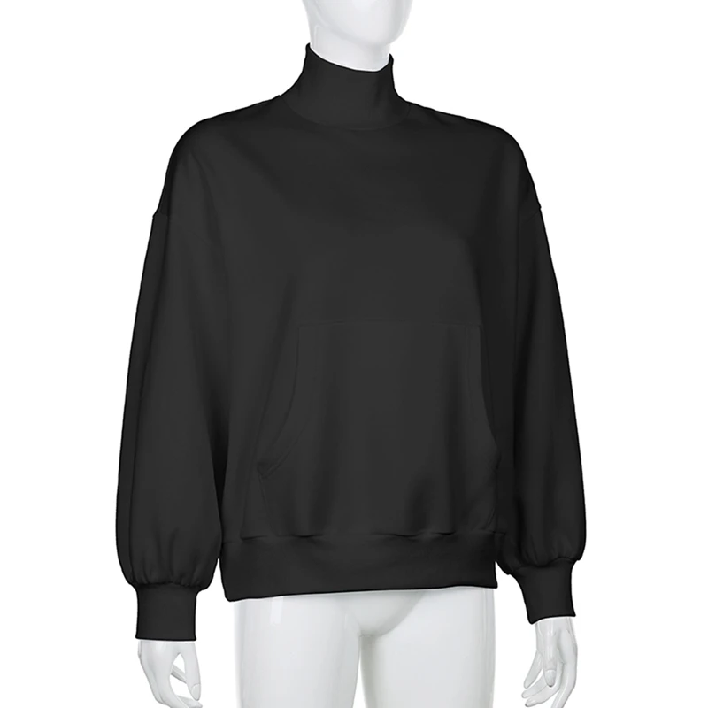 

Casual Loose Sweatshirt Women Long Sleeve Turtleneck with Pockets Autumn Winter Solid Color Tops and Pullovers