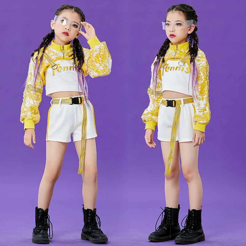 

Новинка, джазовые танцевальные костюмы, желтый костюм с блестками и рукавами в стиле хип-хоп, уличная танцевальная одежда, одежда в стиле хи...