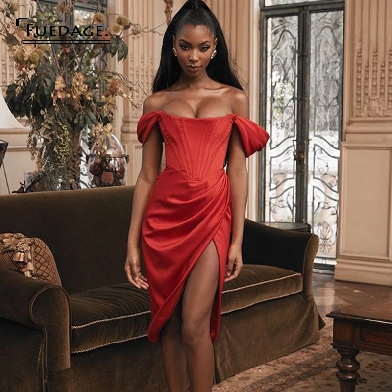 Женское Клубное платье с рюшами Fuedage красное вечернее миди высоким разрезом