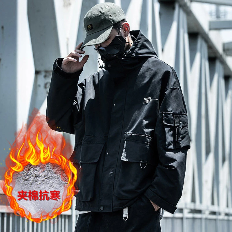 Осень-зима 2020 Черная мужская куртка с капюшоном в уличном стиле военный