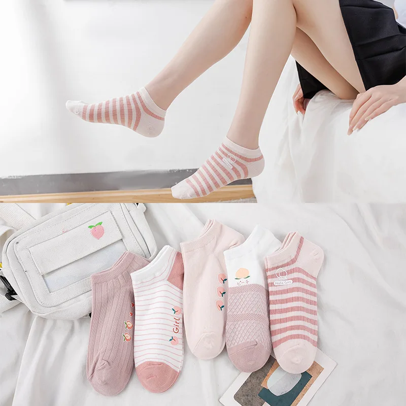 

2022 Socks Female Spring Summer Pink Girl Casual Sock Five-color Peach Jacquard Girl Cotton Socks Skin-friendly Comfortable Sock