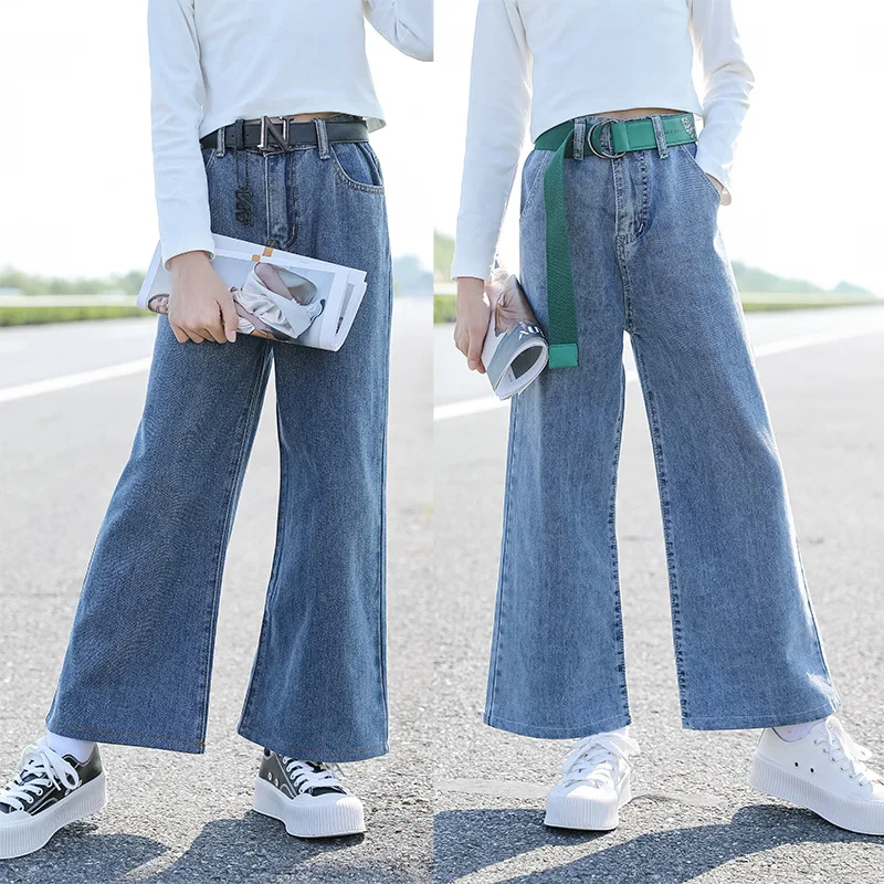 

Teen Girls Jeans Spring Summer Fashion School Kids Denim Wide-leg Pants 2021 New Children's Jeans Loose Casual Trousers 6 8 10 Y