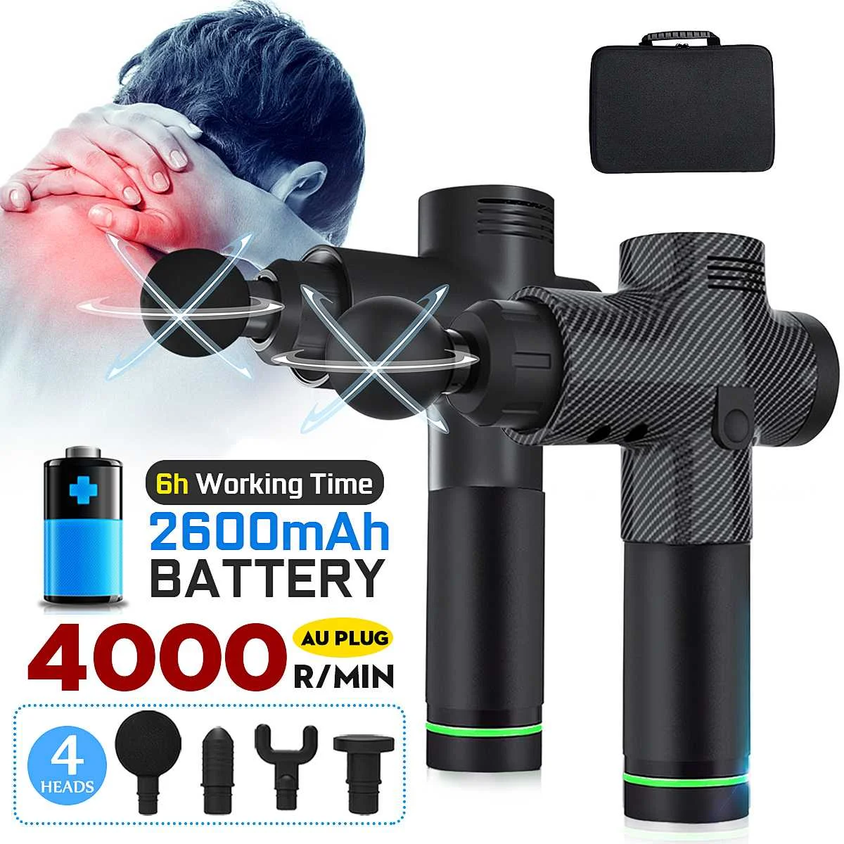 

4 Head 4000r/min Percussion Electric Massage Gun Muscle Therapy Device For Athlete Sports Relaxing Shock Deep Muscles