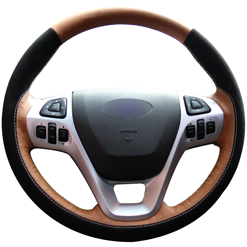 

Brown Natural Leather Black Suede Car Steering Wheel Cover for Ford Explorer 2011-2016 Taurus 2012-2015 Edge 2011-2014