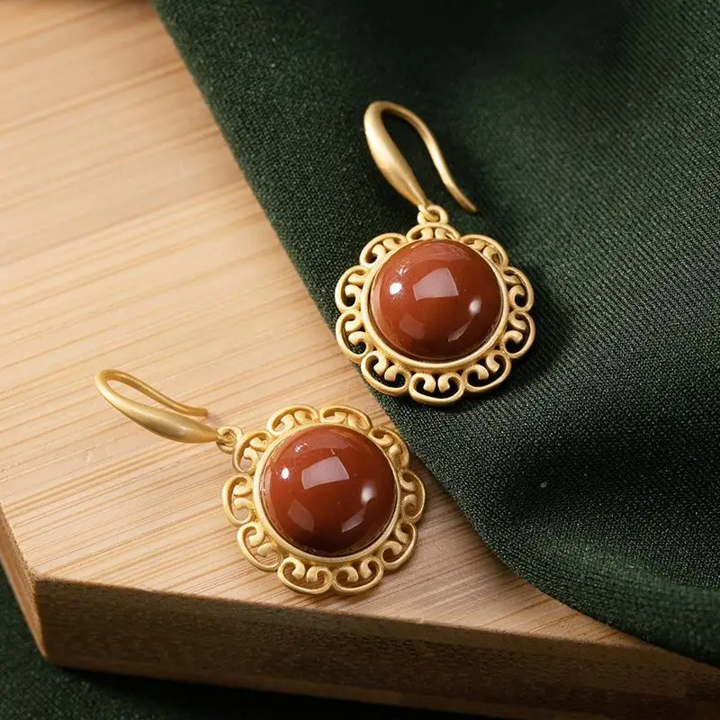 

Original S925 Sterling Silver Gold High-Grade Natural South Red Agate Versatile Personality Design Women's Earrings Eardrop Earr