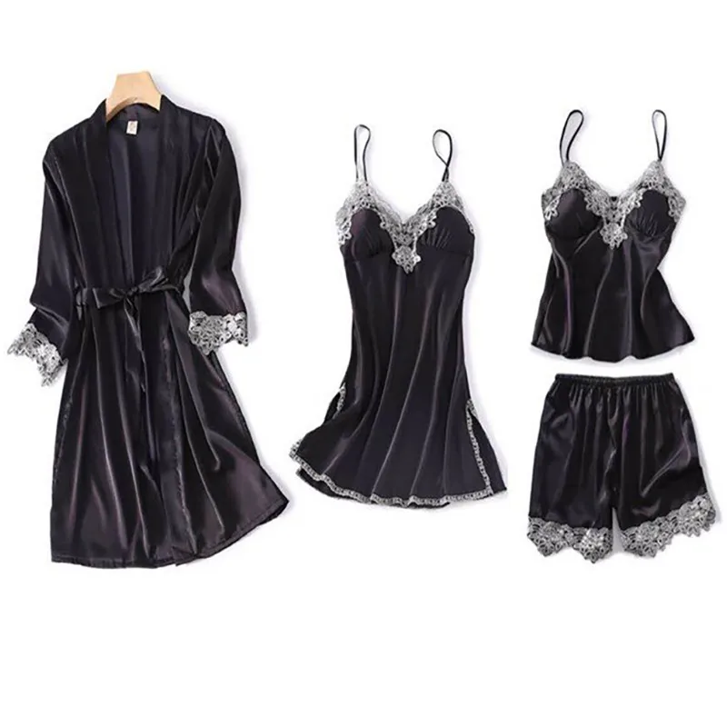 

Female 4PCS Sleep Set Spring Autumn Pajamas Suit Casual Nightwear Sexy Nightgown Satin Sleepwear Silky Kimono Bathrobe Gown XXL