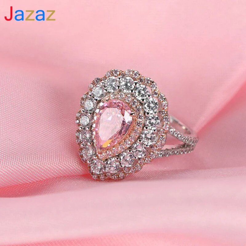 

Jazaz Fine Solid 925 Sterling Silver Sparkling Pink Water Drop High Carbon Diamond Wedding Ring Women Lady Gift Wholesale B0815