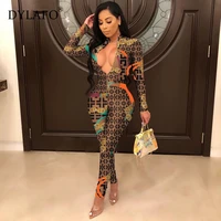 2019 new sexy stand neck skinny rompers zippers long sleeve print womens jumpsuit streetwear plus size ladies joverals