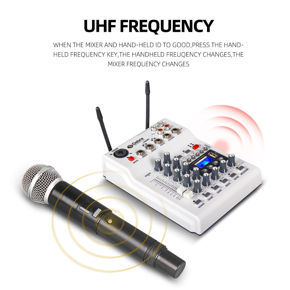 Debra DJ консольный микшер звуковая карта с 2 канальным UHF беспроводным микрофоном