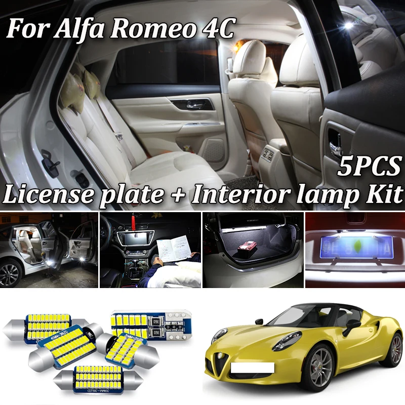 

5Pcs White Error Free Canbus For Alfa Romeo Alfa 4C Coupe Spider LED Interior Map Trunk Light + License Plate Lamp Kit 2013-2018