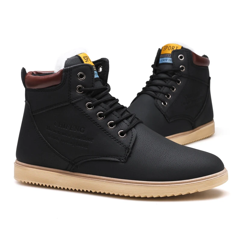 Мужские уличные Нескользящие ботинки черные кожаные на меху шнуровке теплые