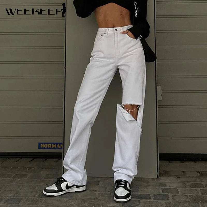 

Weekeep Streetwear Cut Out Straight Jeans Women Baggy High Waist Hole White Trousers Summer Harajuku Vintage Denim Pants Fashion