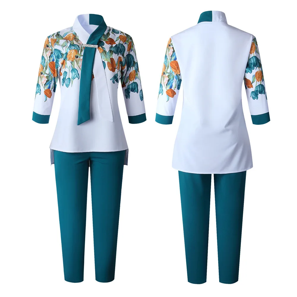 2 Piece Outfits for Women Pants and Top Flannel Print Long T-shirt with Elastic Fashion African Ladies' Suit Plus Size Set |