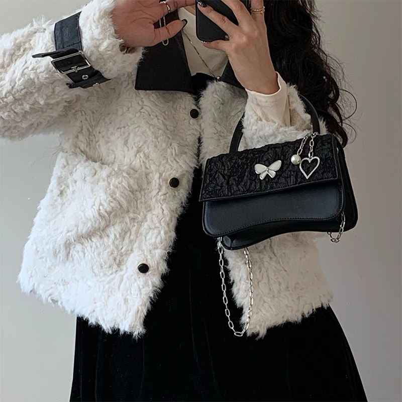 Retro Butterfly Small Square Shoulder Bag for Woman Solid Color Cool Girls Clutch Purse Handbags Female Chain Crossbody Bags