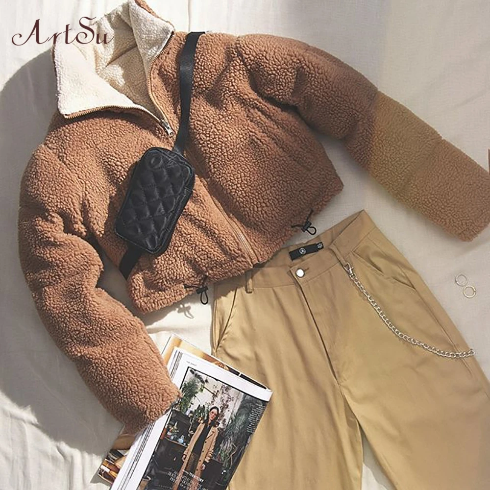 Artsu Autumn Winter Warm Thick Lamb Teddy Bear Coat Women Fleece Two-color Double-sided Fluffy Faux Fur Jacke ASCO60419