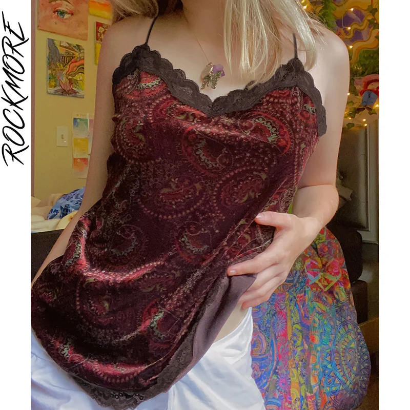 

Rockmore Velvet Vintage Print Tank Top Vintage Sexy Backless Lace Spaghetti Straps Y2K Aesthetic Camisole Retro Grunge Fairycore