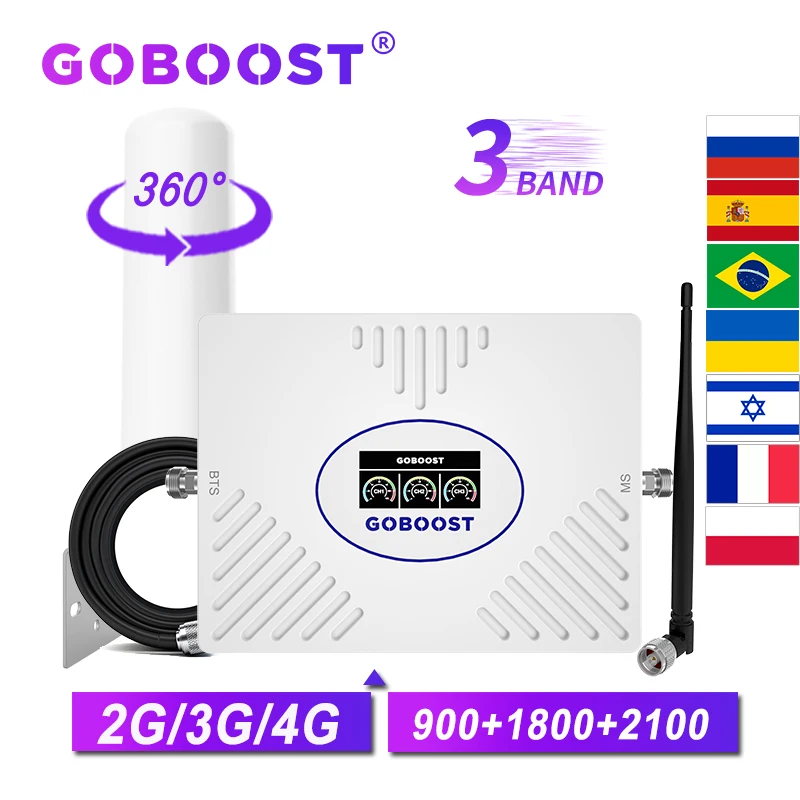 GOBOOST GSM 2G 3G 4G Cellular Amplifier 70dB Tri Band Signal Booster 900 B8 2100 B1 1800 B3 Signal Repeater Kit 360 Omni Antenna