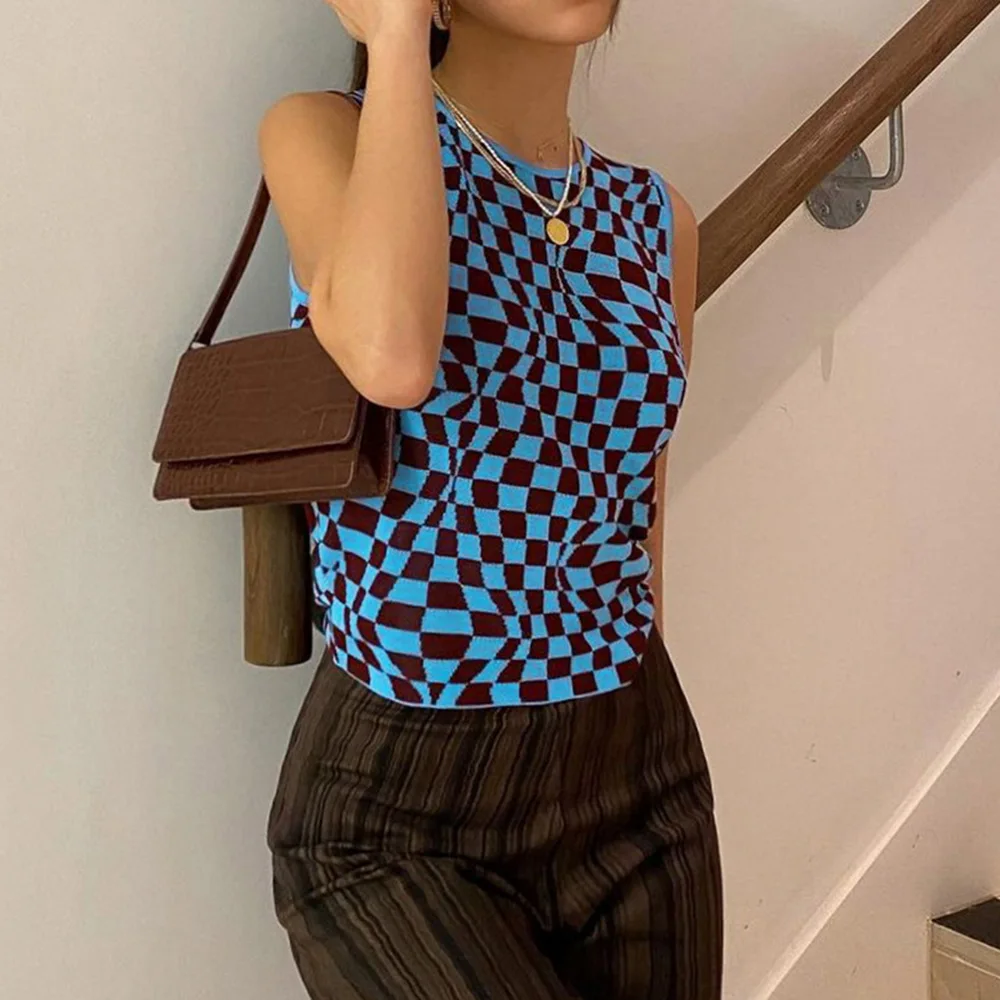 

Summer Knit Crop Top Women Sleeveless Y2K Tank Top Basic T Shirts Casual Checker Plaid Vest Streetwear Tank Top Vintage