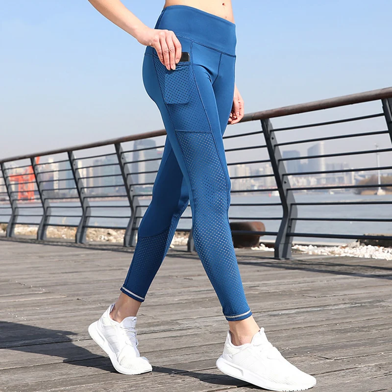 

Sport Leggings High Waist Out Pockets Yoga Pants Women's Stretch Laser Cut Workout Gym Tights White Reflective Running Pants
