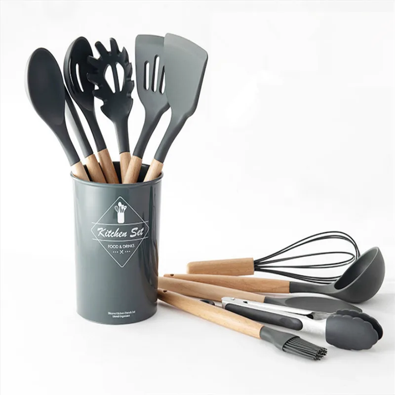 silicone cooking tools set spatula shovel spoon with wooden handle practical kitchen cooking utensilsx kitchenware cocina gadget free global shipping