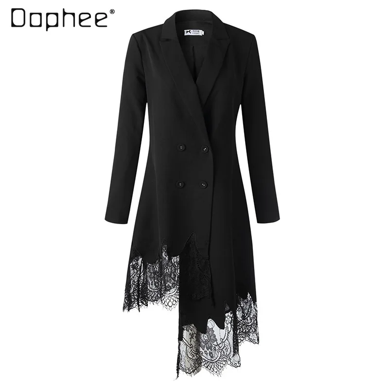 

Женское приталенное платье-Блейзер, черное асимметричное кружевное платье с длинным рукавом в европейском и американском стиле, весна-осен...