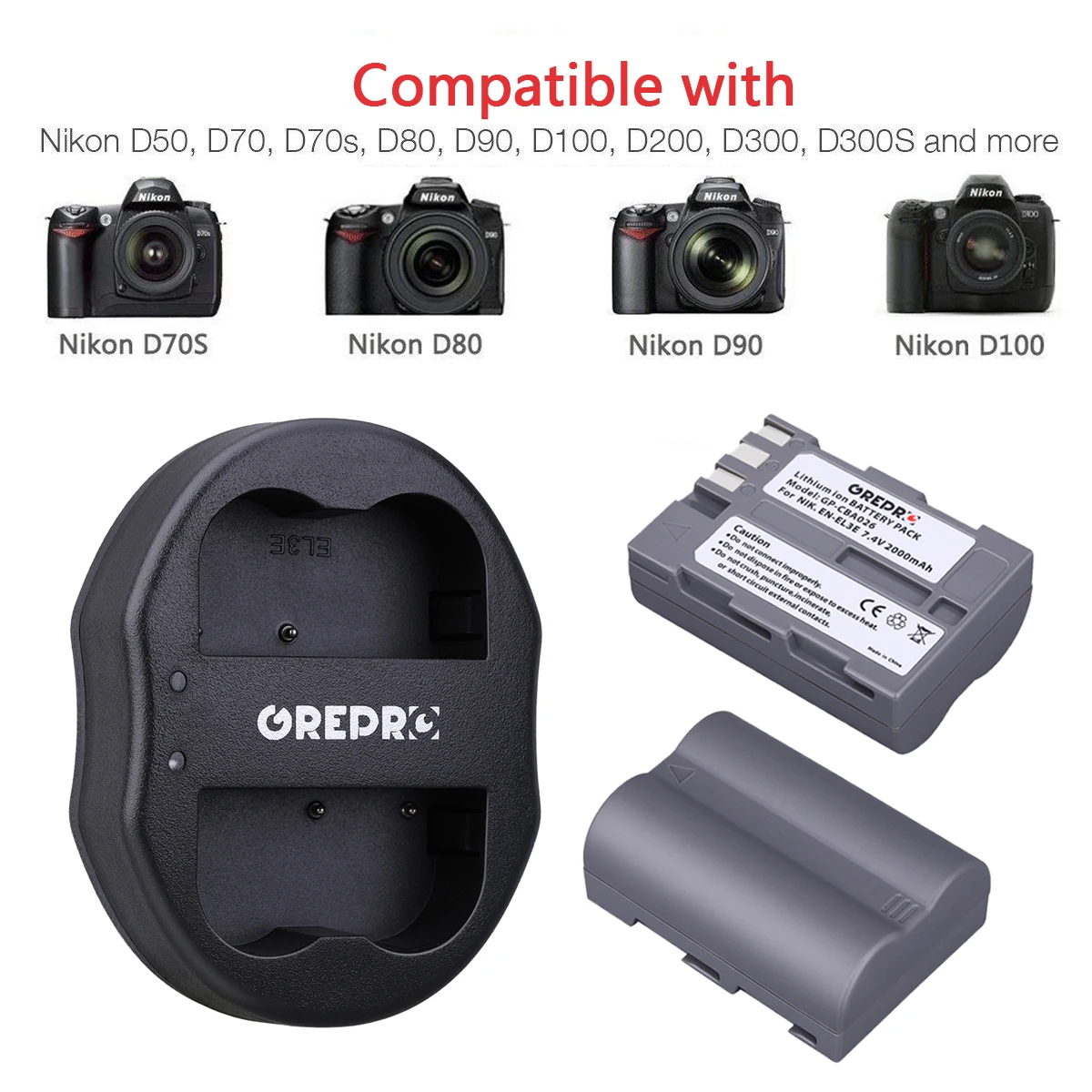 Аккумуляторная батарея с зарядным устройством на 2000 мАч для камеры Nikon D300 D90 D80 D200