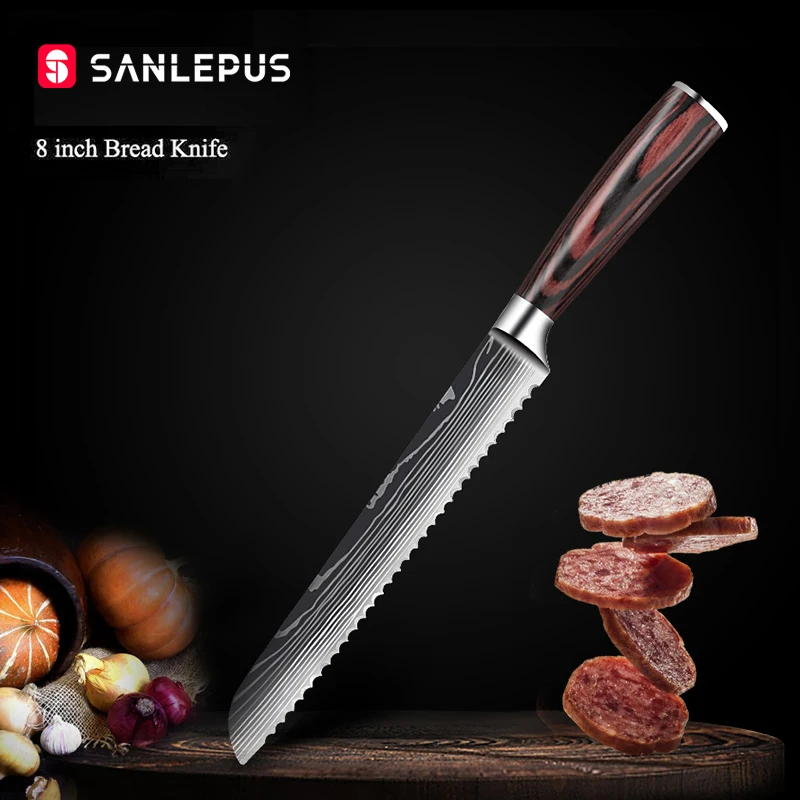 SANLEPUS 8-inch Bread Knife Chef Kitchen Knives Laser Damascus Pattern Sharp Japanese Santoku Cleaver | Дом и сад