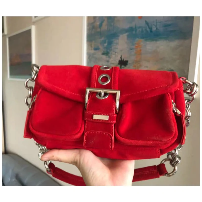 

Red Chic Velvet Vintage Baguette Bag High Quality Shoulder Bag Women's Bag Fashion Lady Bag Girl Bag 2020 New