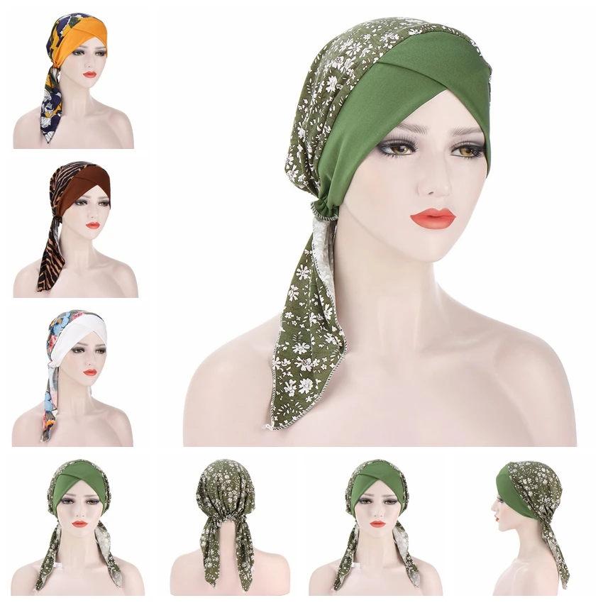 

2022 NEW Women Muslim Fashion Hijab Cancer Chemo Flower Print Hat Turban Head Cover Hair Loss Scarf Wrap Pre-tied Bandana